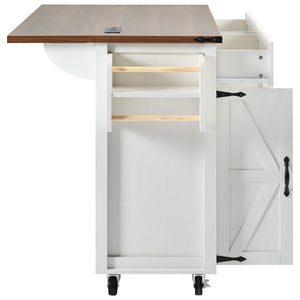 English Elm K&k Farmhouse Rolling Kitchen Island with Drop Leaf Power Outlets and Storage Cabinet White N707S170348W