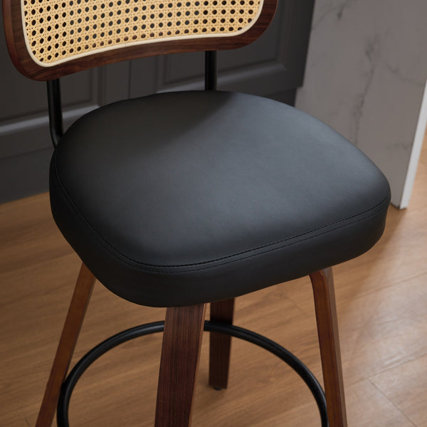 English Elm Set of 3 Rattan Counter Stools with Cane Back and Swivel, Upholstered PU Seat, Walnut Finish, Ergonomic Comfort Black W1143P300159