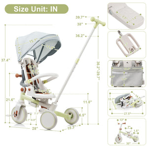 English Elm 7 in 1 Convertible Toddler Trike Aluminum Foldable Push Bike with Canopy for Ages 1 to 6 Green N726P248345L