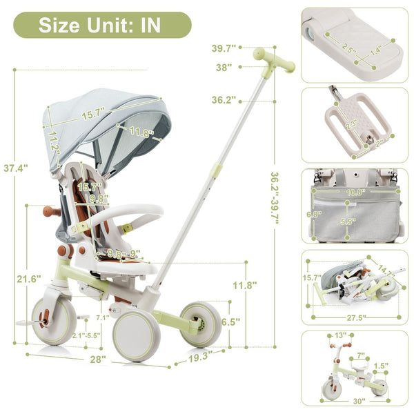 English Elm 7 in 1 Convertible Toddler Trike Aluminum Foldable Push Bike with Canopy for Ages 1 to 6 Green N726P248345L