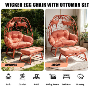 English Elm Double Wicker Egg Chair with Ottoman Bohemian Pe Rattan Outdoor Lounge Patio Set T5880P501487