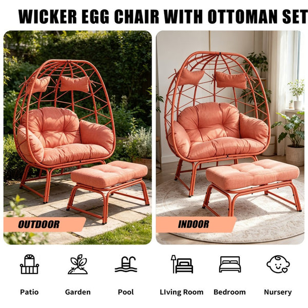 English Elm Double Wicker Egg Chair with Ottoman Bohemian Pe Rattan Outdoor Lounge Patio Set T5880P501487