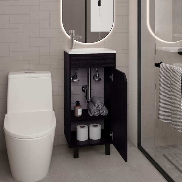 English Elm Bathroom Sleek Single-Door Vanity with Integrated Sink — Modern Minimalist Engineered Wood Storage, Durable & Eco-Friendly Black 33.86 L x 18.9 W x 11.42 H B097P296887