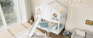 English Elm Full Bunk Bed with Trundle Bookshelf Storage Pine Frame Car Design for Kids Light White W1580S00464