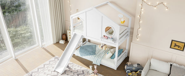 English Elm Full Bunk Bed with Trundle Bookshelf Storage Pine Frame Car Design for Kids Light White W1580S00464