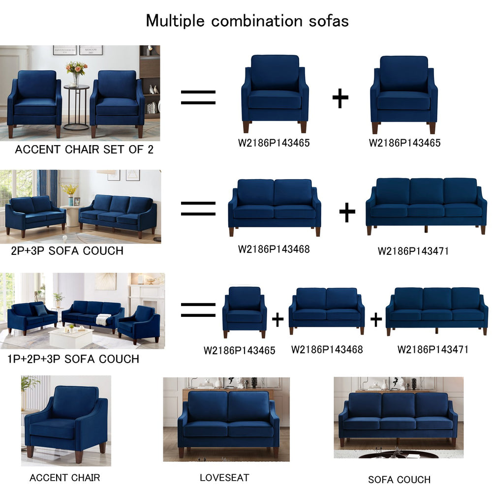 English Elm Modern Velvet Double Seater Sofa with Scooped Arms and Wooden Legs — Cozy, Stylish Living Room centerpiece Navy W2186P143468