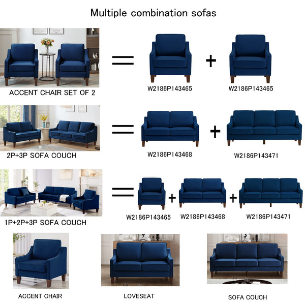 English Elm Modern Plush 3-Seater Sofa with Scooped Arms and Wood Legs, Upholstered Velvet, Removable Cushions for Luxe Living Space Navy W2186P143471
