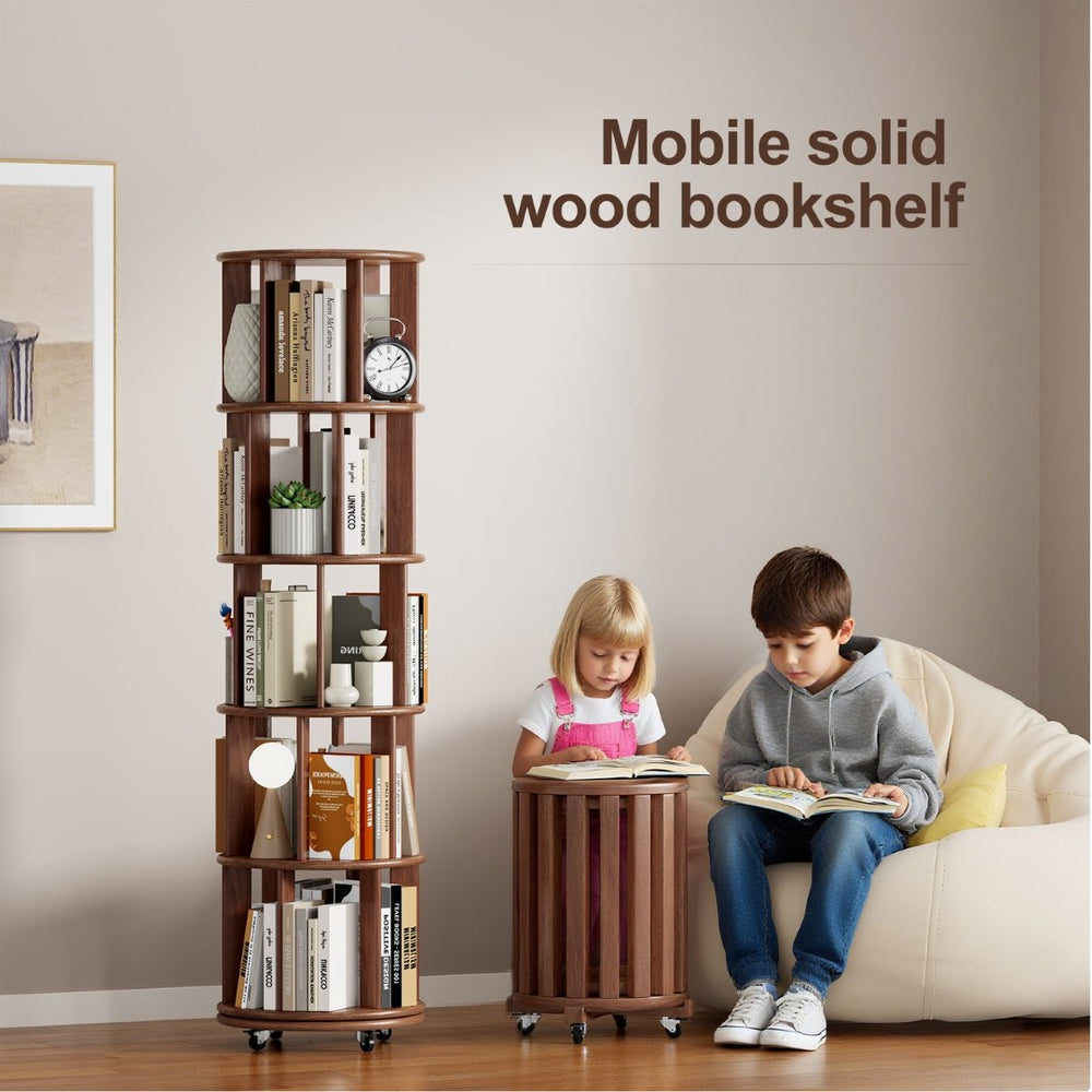 English Elm 100%solid Rubberwood Rotating Tower Bookcase with Locking Wheels 4 Tier Round Shelf W2987P337957