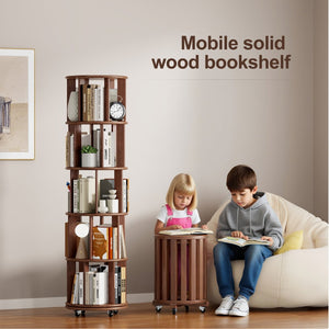 English Elm 100%solid Rubberwood Rotating Tower Bookcase with Locking Wheels 4 Tier Round Shelf W2987P337957