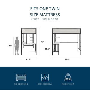 English Elm Axel Twin Loft Bed with Desk, Shelves & Mesh Guardrails — Space-Saving Metal Frame for Kids Teens Dorms B2733P358857