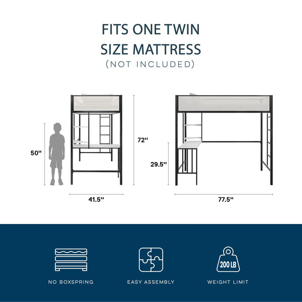 English Elm Axel Twin Loft Bed with Desk, Shelves & Mesh Guardrails — Space-Saving Metal Frame for Kids Teens Dorms B2733P358857