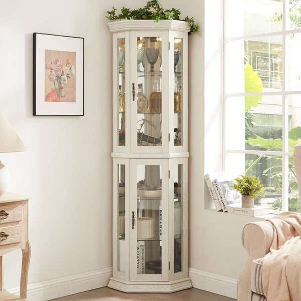 English Elm Lighted Corner Curio Cabinet with Led Glow Tempered Glass Shelves and Mirrored Back W2275P292641
