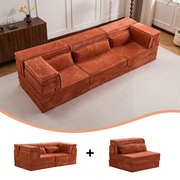 English Elm Compression Modular Sofa Bed - Oversized Convertible Sectional With Plush Fleece & 3 Pillows, Orange W3723S00018