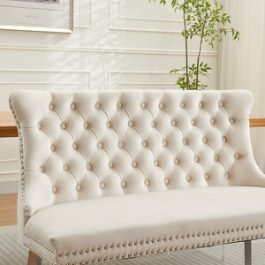 English Elm Velvet Wingback Dining Bench Tufted Two Seat Mid Century Modern Brushed Steel Base Beige W1143P406980