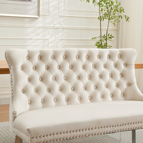 English Elm Velvet Wingback Dining Bench Tufted Two Seat Mid Century Modern Brushed Steel Base Beige W1143P406980