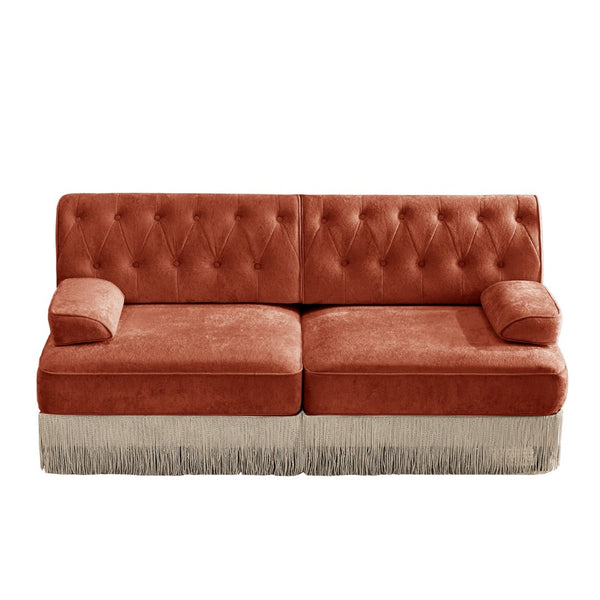 English Elm Soft Velvet Chesterfield Sectional Sofa Tufted Tassel Fringe Skirt Modular Living Room Red+Brown W714S01718