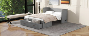 English Elm Full Size Murphy Wall Bed with Storage Drawer Usb Ports and Metal Handles for Small Spaces LP000669AAE