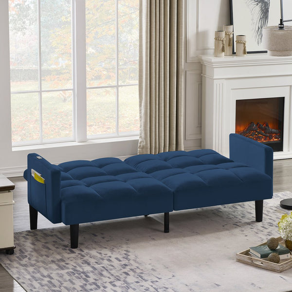 English Elm Velvet Convertible Futon Sofa Bed with Adjustable Back, Plush 9" Cushion, Eucalyptus Frame for Apartments Navy Blue W1413P332829