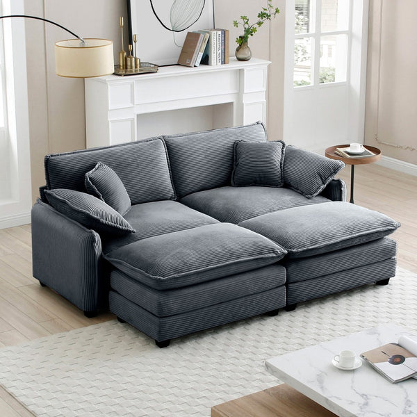 English Elm Two-Seater Theater Sofa In Grey Corduroy With Ottoman – Chic, Space-Saving Comfort For Small Spaces W714S00751-GIGA