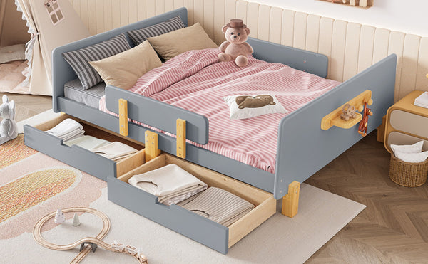 English Elm Twin Low Profile Kids Floor Bed Pine Wood Frame with Safety Rail and Built in Bookshelf Gray W1580P373246