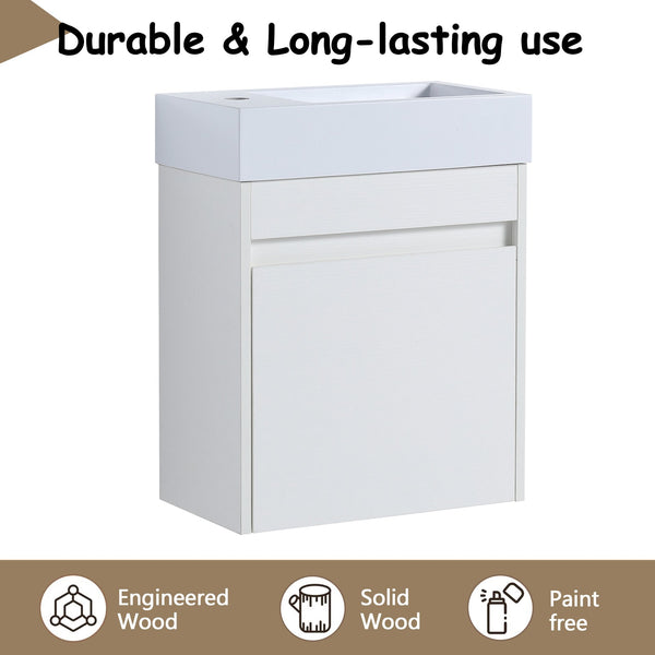 English Elm 18'' Floating Wall Vanity with Resin Sink, Open Shelf Storage, Eco-Friendly Plywood, Soft-Close Door White Straight Grain W99936243