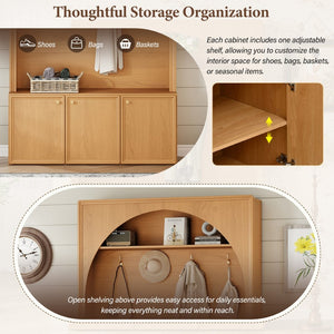 English Elm On-trend Farmhouse Hall Tree Arched Cabinet Storage Bench with Golden Hooks Mudroom Natural N721S000080D