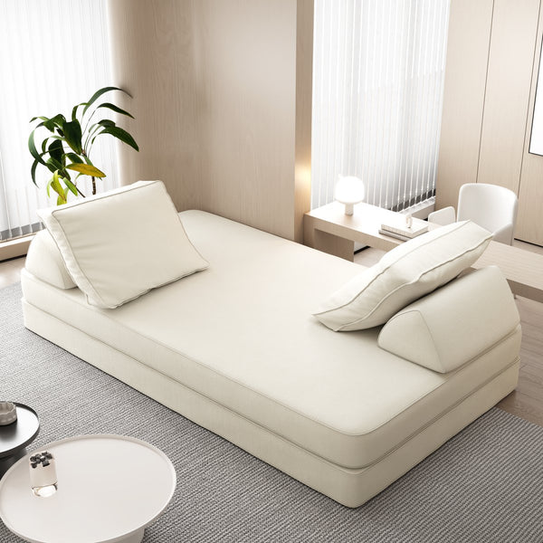 English Elm 86.6"Multifunctional Folding Sofa Bed with Chaise, Fluffy Chenille, Removable Backs & Pillows, Deep Seat Lounge Beige W3219P340665