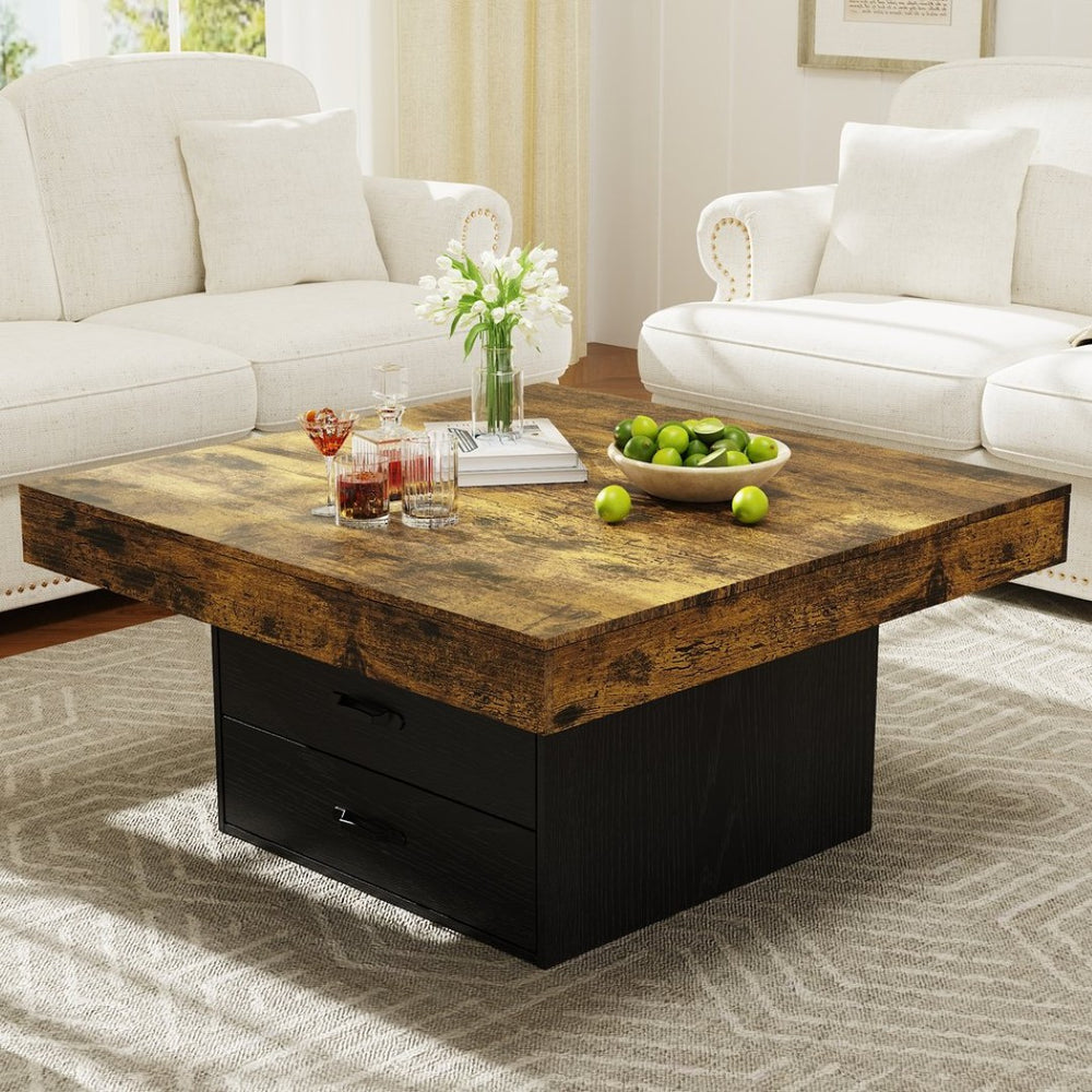 English Elm Coffee Table Square Led Lit Engineered Wood Farmhouse Design with Storage Drawers Black W1550P317687