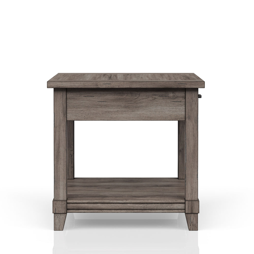 English Elm End End Table W/ Storage Drawer & USN Gray Rustic Finish USB Charging Ports Solid Wood Shelf Storage B2699P208929