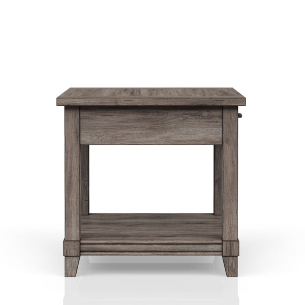 English Elm End End Table W/ Storage Drawer & USN Gray Rustic Finish USB Charging Ports Solid Wood Shelf Storage B2699P208929