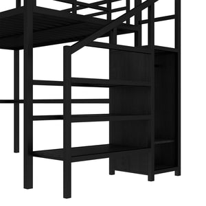 English Elm Full Size Pine Loft Bed House Frame with Slide Bookshelves and Moon Star Rails W1580S00286