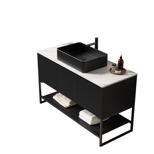 English Elm 48" Freestanding Bathroom Vanity Cabinet Sintered Stone Top Woodgrain Finish Open Shelf W2615S00216