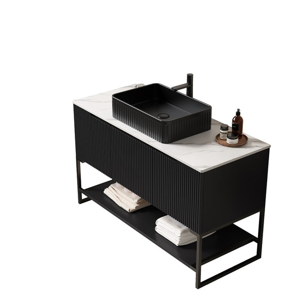 English Elm 48" Freestanding Bathroom Vanity Cabinet Sintered Stone Top Woodgrain Finish Open Shelf W2615S00216
