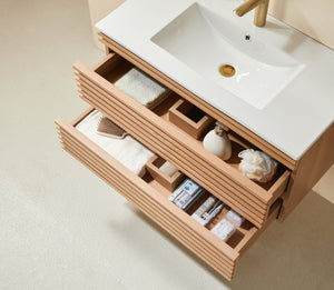English Elm 36" Wall Mounted Floating Single Vanity Natural Walnut with Ceramic Sink, 2 Drawers, Fully Assembled Elegance W1826P308971