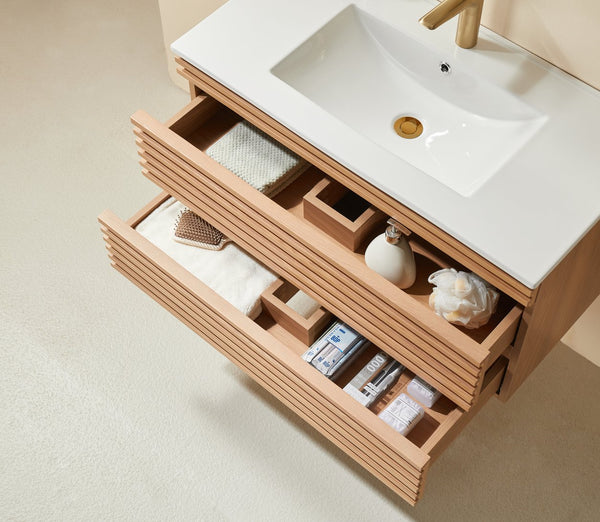 English Elm 36" Wall Mounted Floating Single Vanity Natural Walnut with Ceramic Sink, 2 Drawers, Fully Assembled Elegance W1826P308971