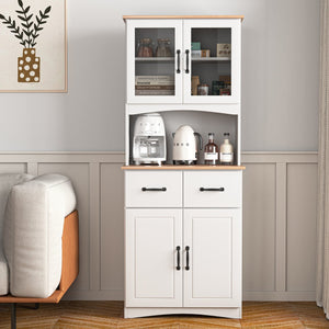 English Elm Wooden White Kitchen Pantry Cabinet with Framed Glass Doors, Drawer & 150lb Load-Bearing, Durable Painted Finish W409S00002