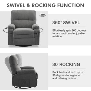 English Elm Recliner Grey 360° Swivel Rocking Lounge Chair with Thick Cushions, Arm Pockets & 330lb Metal Frame W1521P265833