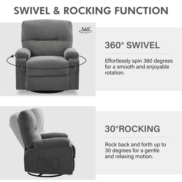 English Elm Recliner Grey 360° Swivel Rocking Lounge Chair with Thick Cushions, Arm Pockets & 330lb Metal Frame W1521P265833
