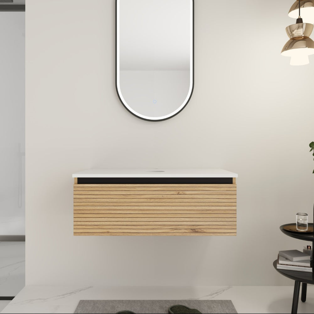 English Elm 30'' Floating Wall Mounted Bathroom Vanity Plywood Build with Soft Close Drawer W999P285410