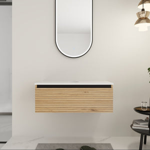 English Elm 30'' Floating Wall Mounted Bathroom Vanity Plywood Build with Soft Close Drawer W999P285410