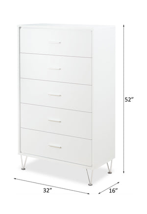 English Elm Deoss Five-Drawer White Finish Chest with Chrome Legs, Smooth Glide Ball Bearings & Safety Stop, Modern Storage B2726P256276
