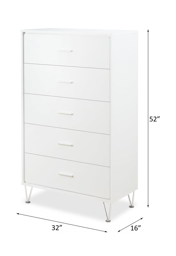 English Elm Deoss Five-Drawer White Finish Chest with Chrome Legs, Smooth Glide Ball Bearings & Safety Stop, Modern Storage B2726P256276