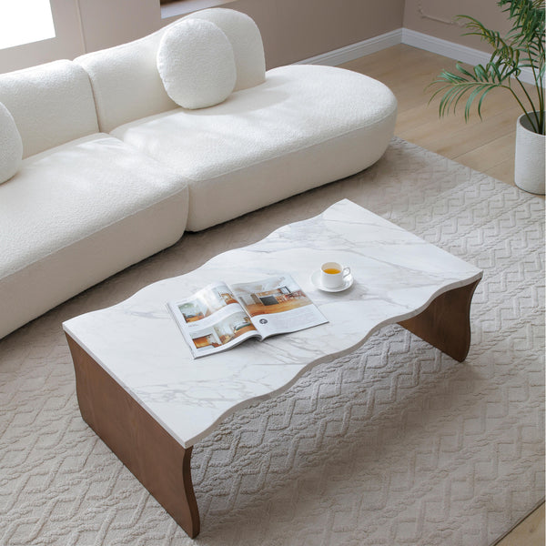English Elm 47.24" Whisper Of Waves Modern Coffee Table – Elegant White Faux Marble & Walnut Base For Any Space W2664P346445