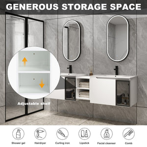 English Elm 72" Floating Double Bathroom Vanity Plywood Cabinet Ceramic Sinks Soft Close Doors W999S00533