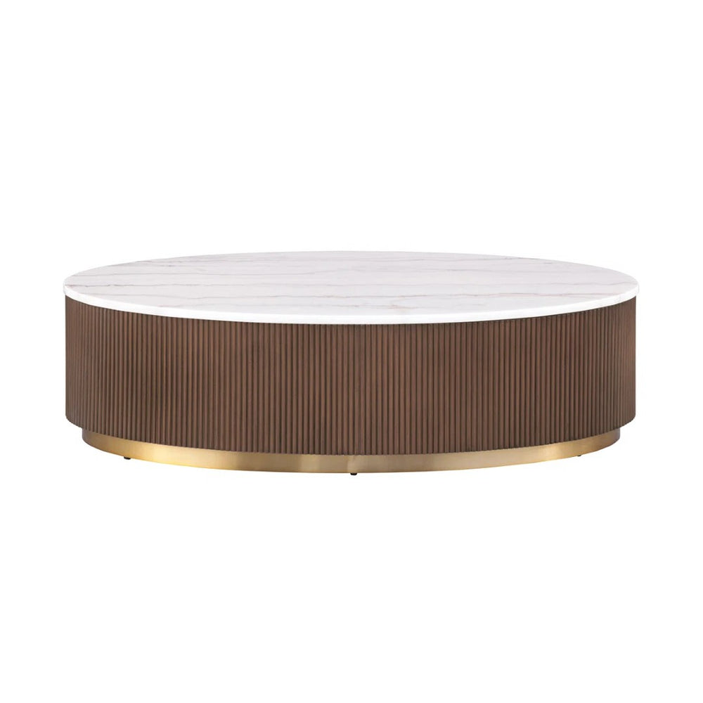 English Elm Brown Oval Marble Top Cocktail Table with Reeded Plinth Base and Gold Steel Accents B2741P476069