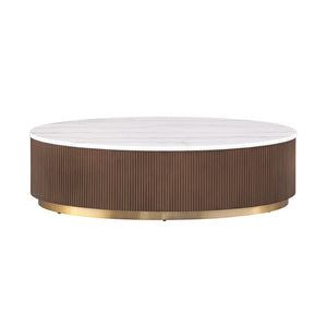 English Elm Brown Oval Marble Top Cocktail Table with Reeded Plinth Base and Gold Steel Accents B2741P476069