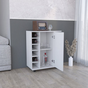 English Elm Lothian White Bar Cart with Casters, Hidden Cabinet, 2 Side Shelves & 6-Bottle Wine Rack Durable Engineered Wood B200P188869