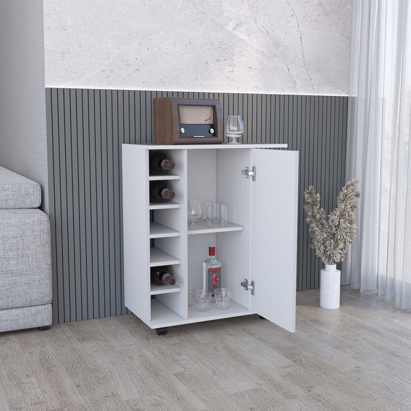 English Elm Lothian White Bar Cart with Casters, Hidden Cabinet, 2 Side Shelves & 6-Bottle Wine Rack Durable Engineered Wood B200P188869