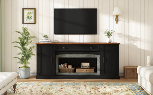 English Elm Elegant Walnut Media Console with Gray Brick Base Open Bay and Adjustable Shelving Black N721P394506B