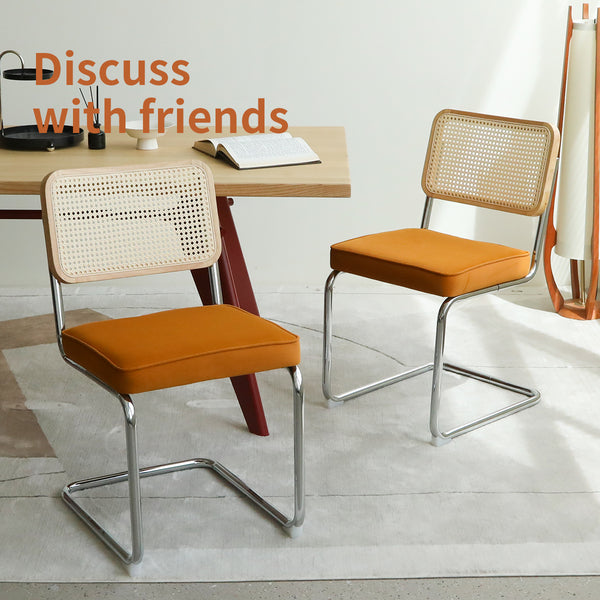 English Elm Dining Velvet Rattan Cantilever Chairs Set of 2 - Mid-Century Chrome Legs, Breathable Upholstered Orange W2105P263404